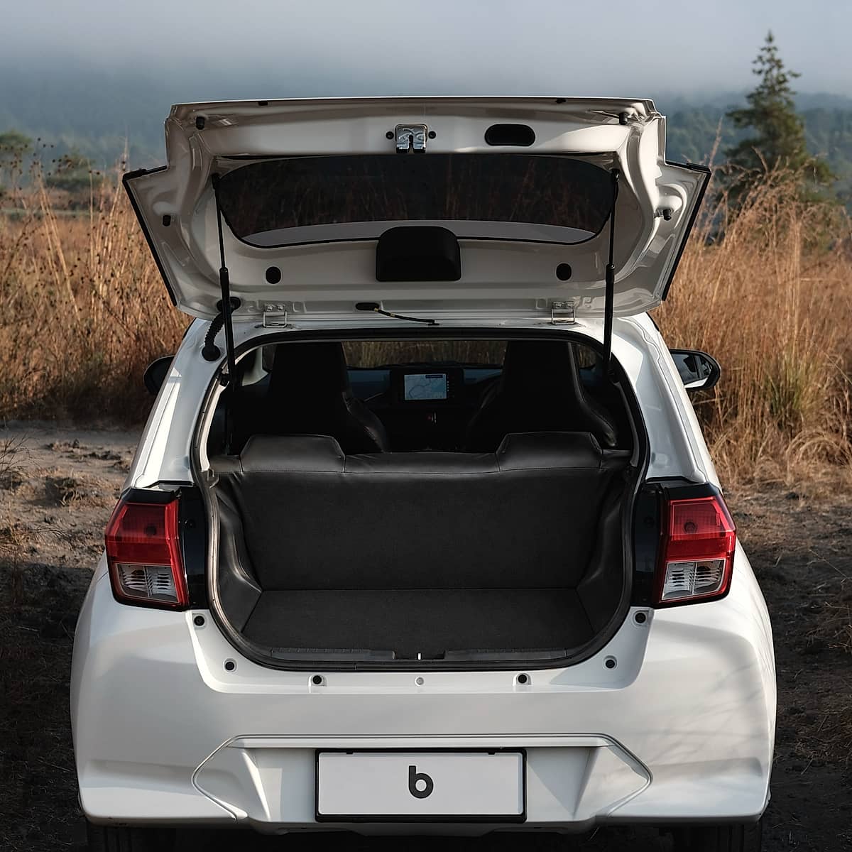Rear view of a Toyota Agya with its trunk open, parked in a grassy field with trees in the background.