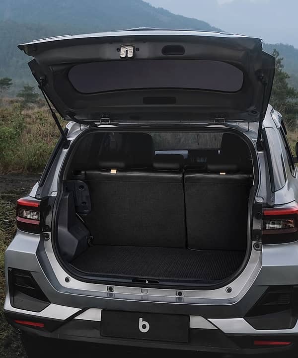 Rear view of a silver compact SUV with its trunk open, showcasing cargo space in a natural outdoor setting.
