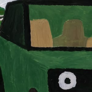 A stylized illustration of a car adventure on a Balinese mountain road, featuring a green vehicle and ethereal cloud formations.