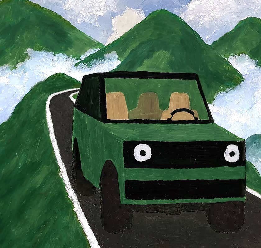 A stylized illustration of a car adventure on a Balinese mountain road, featuring a green vehicle and ethereal cloud formations.